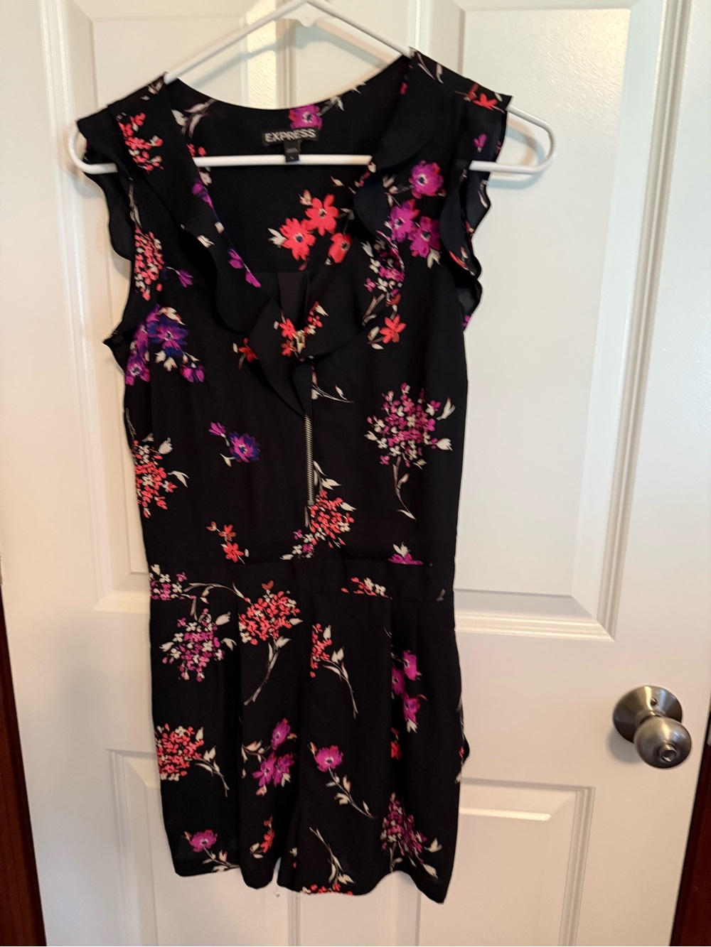 Express Black Floral Ruffle V-Neck romper- Pink & Purple Blossoms